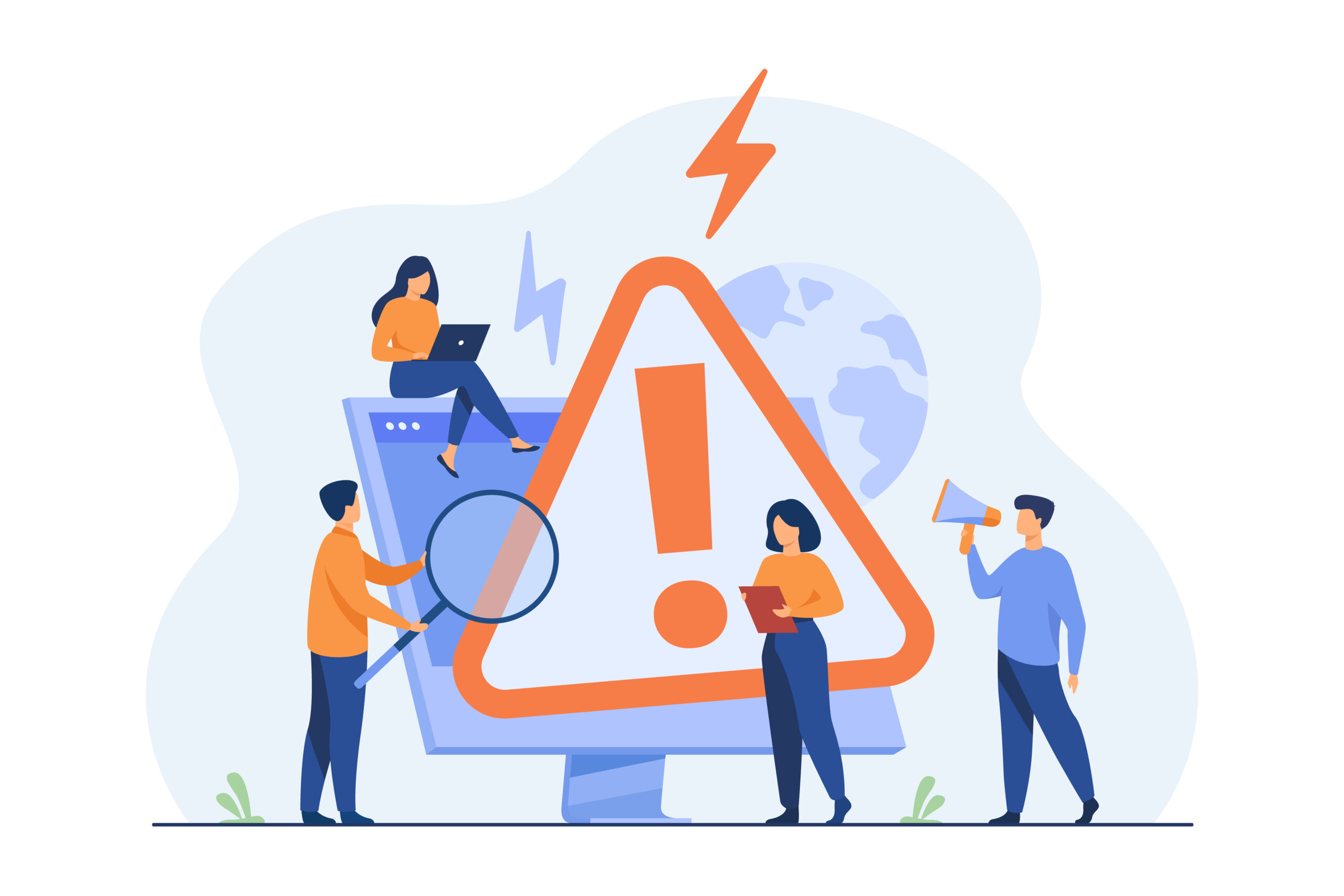 Examining operating system error warning on web page. Computer diagnostics and digital technology concept